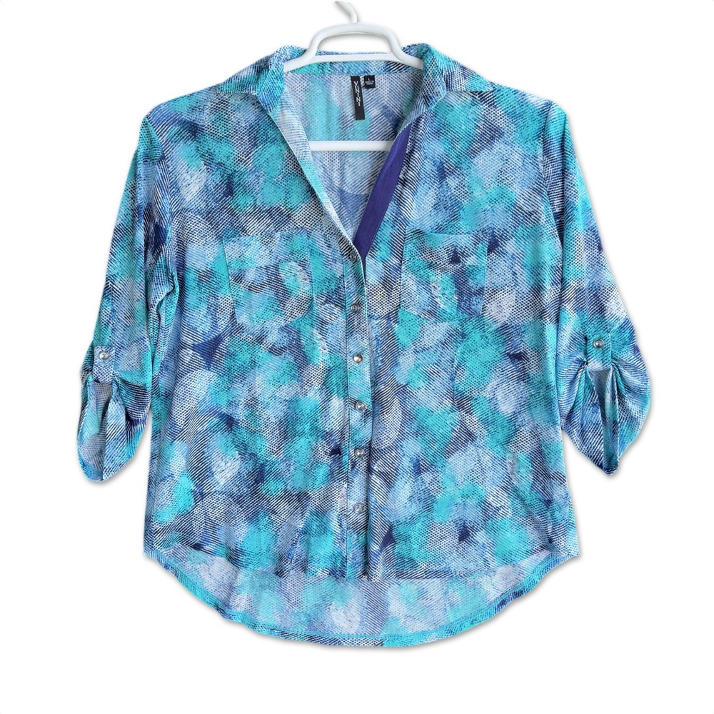 Venini Blouse Womens Large Blue Teal Abstract Snakeskin Roll Tab Button Up Top